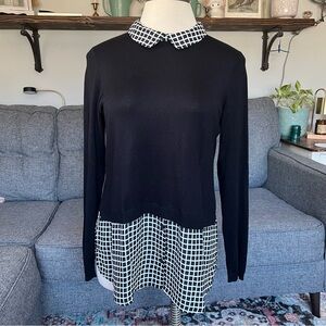 Women’s black and geometric print sweater and shirt combo. Size XL.